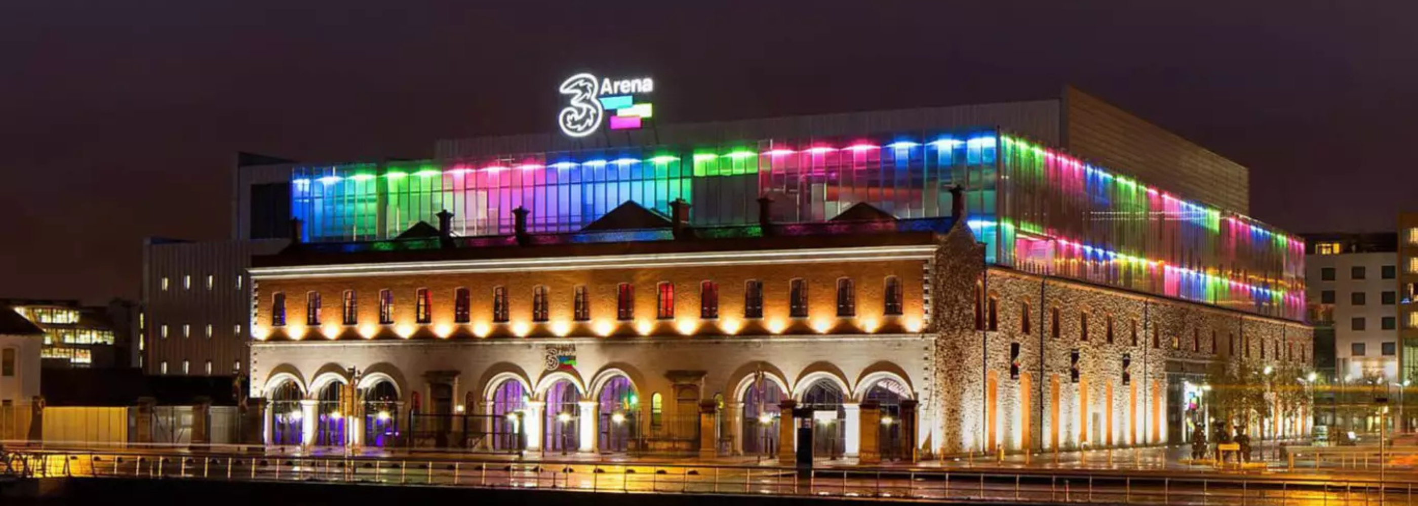 Exterior photo of Dublin's 3Arena at nighttime