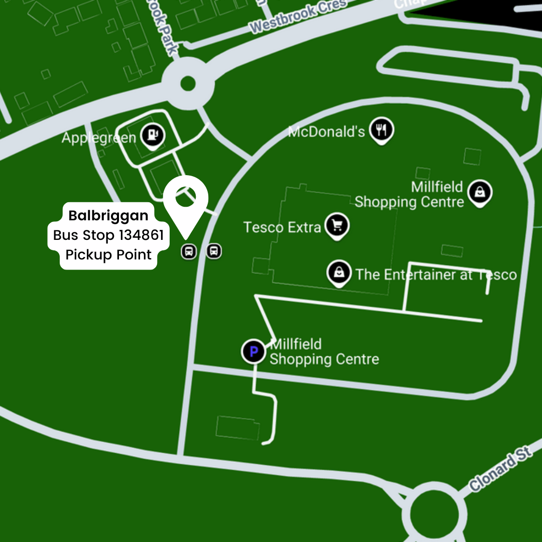 Green Route Map showing location of Balbriggan Bus Stop 134861 at the Millfield Shopping Centre.