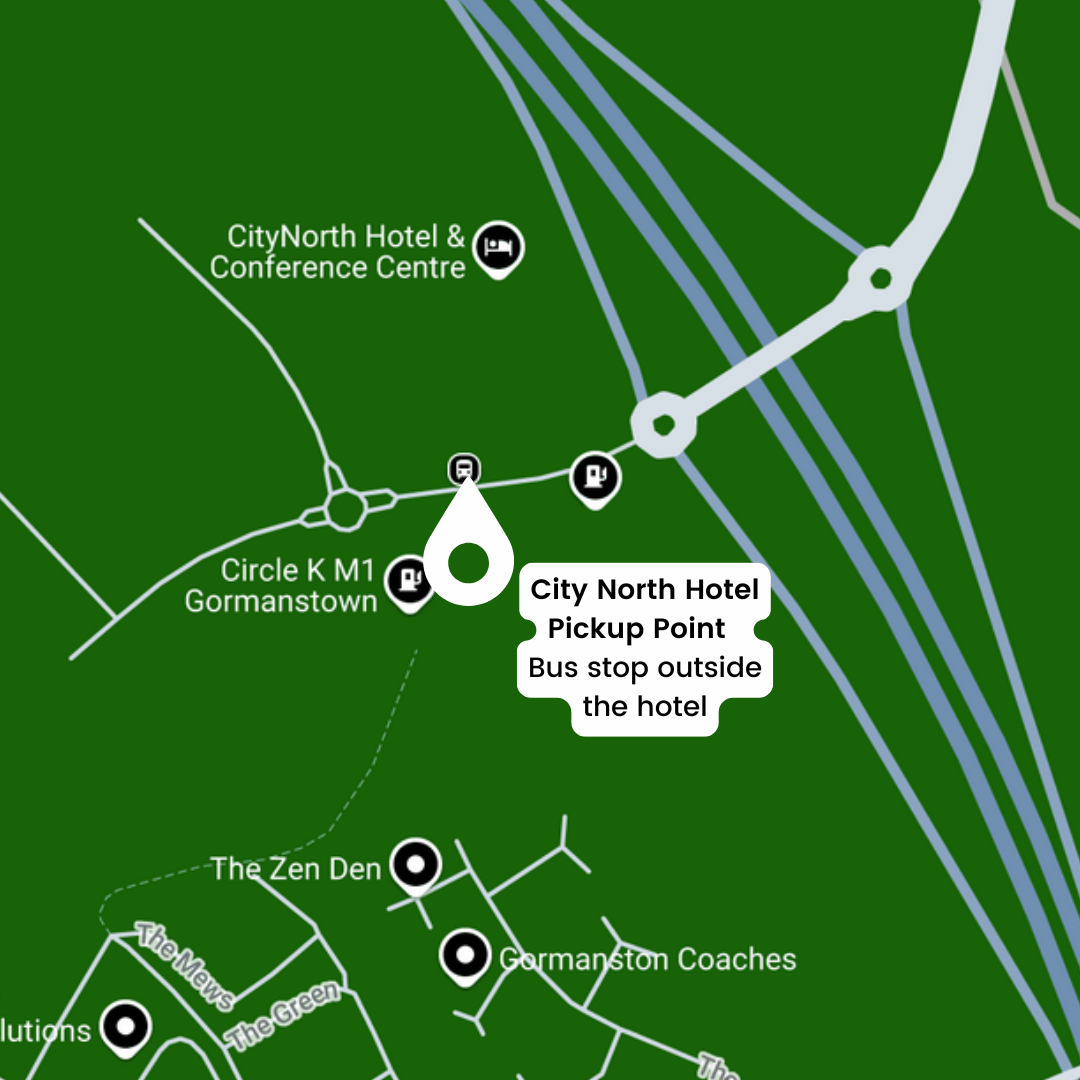 Green Route Map showing location of bus pick-up location outside the City North Hotel & Conference Centre.