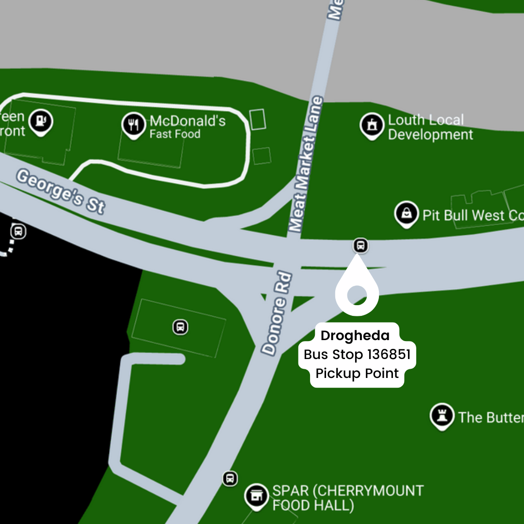 Green Route Map showing pick up location of Drogheda Bus Stop 136851.