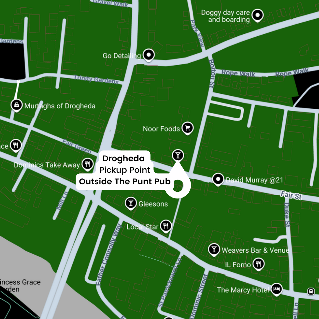 Map showing the location of Drogheda Pickup Point, which is outside The Punt Pub