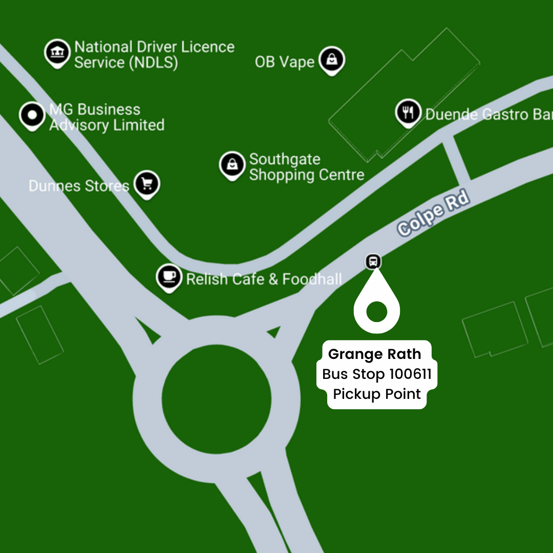 Green Route Map showing pickup location of Grange Rath Bus Stop 100611