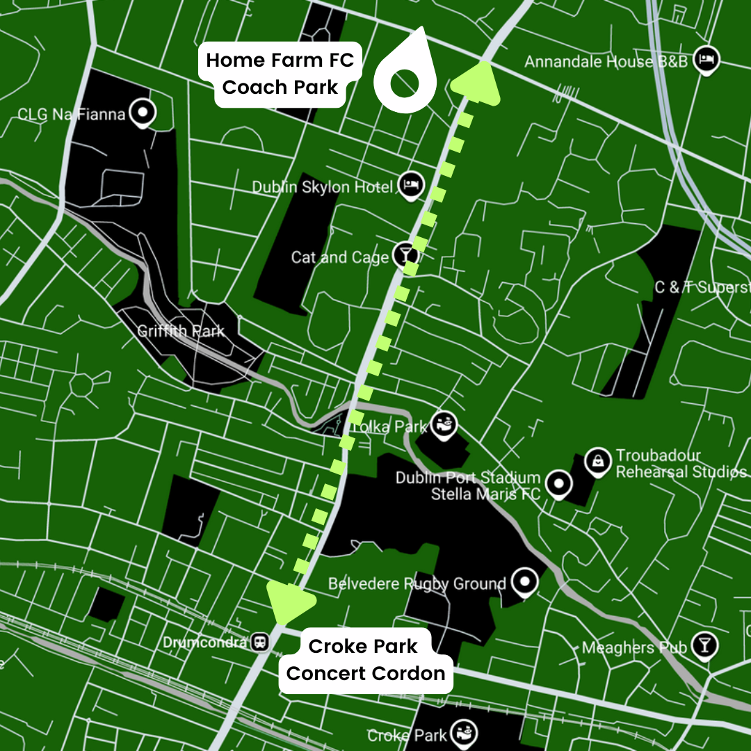 Map detailing the route from our Coach Park at Home Farm FC to the Croke Park Concert Cordon