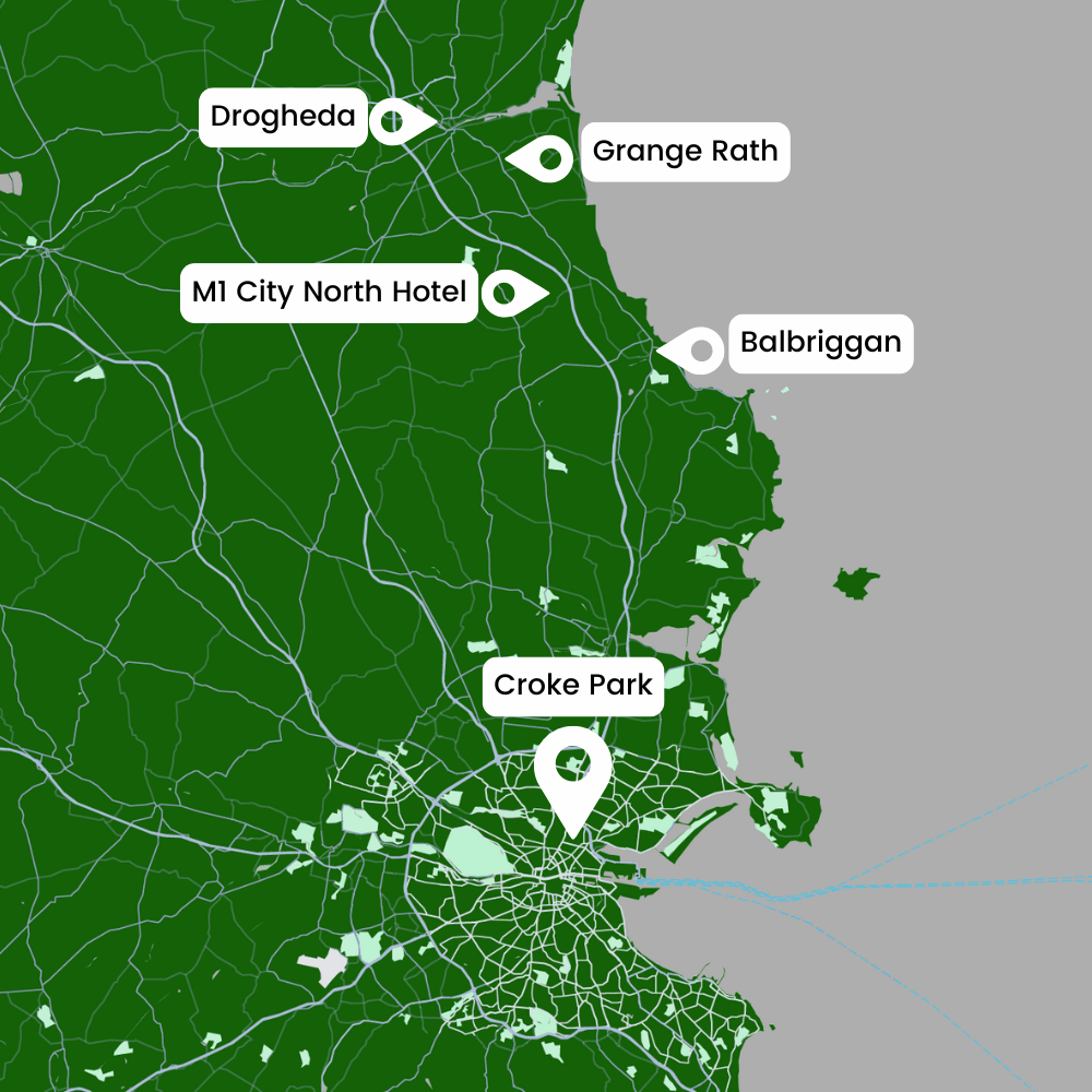 Green Route Map with bus pickup locations marked including Drogheda, Grange Rath, MI City North Hotel, Balbriggan and Croke Park.