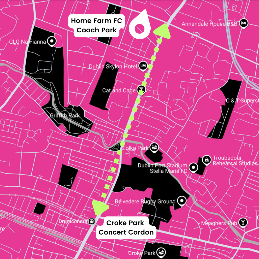 Map detailing the route from our Coach Park at Home Farm FC to the Croke Park Concert Cordon