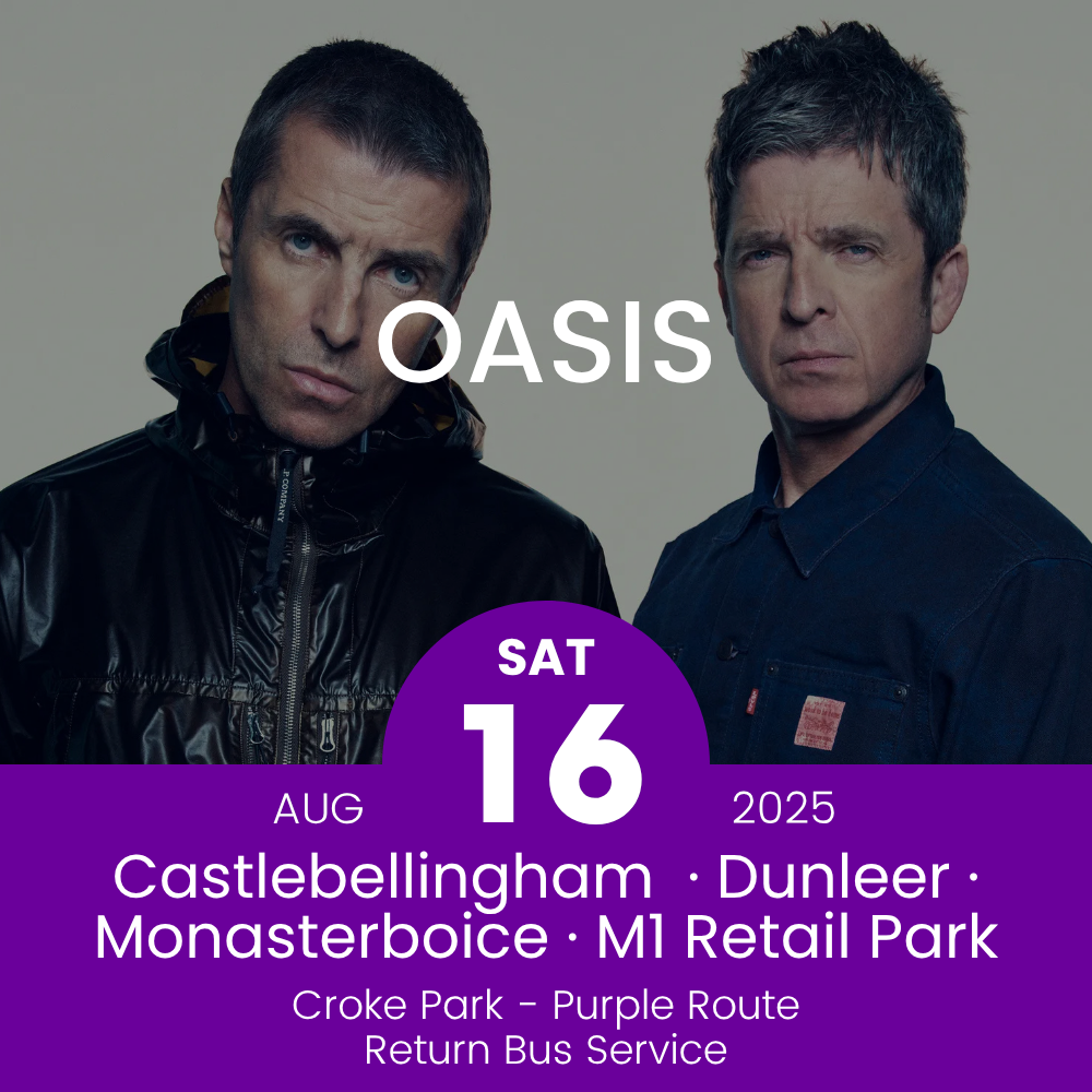 Promotional poster for Oasis concert in Croke Park featuring two band members with purple bus route and event details.