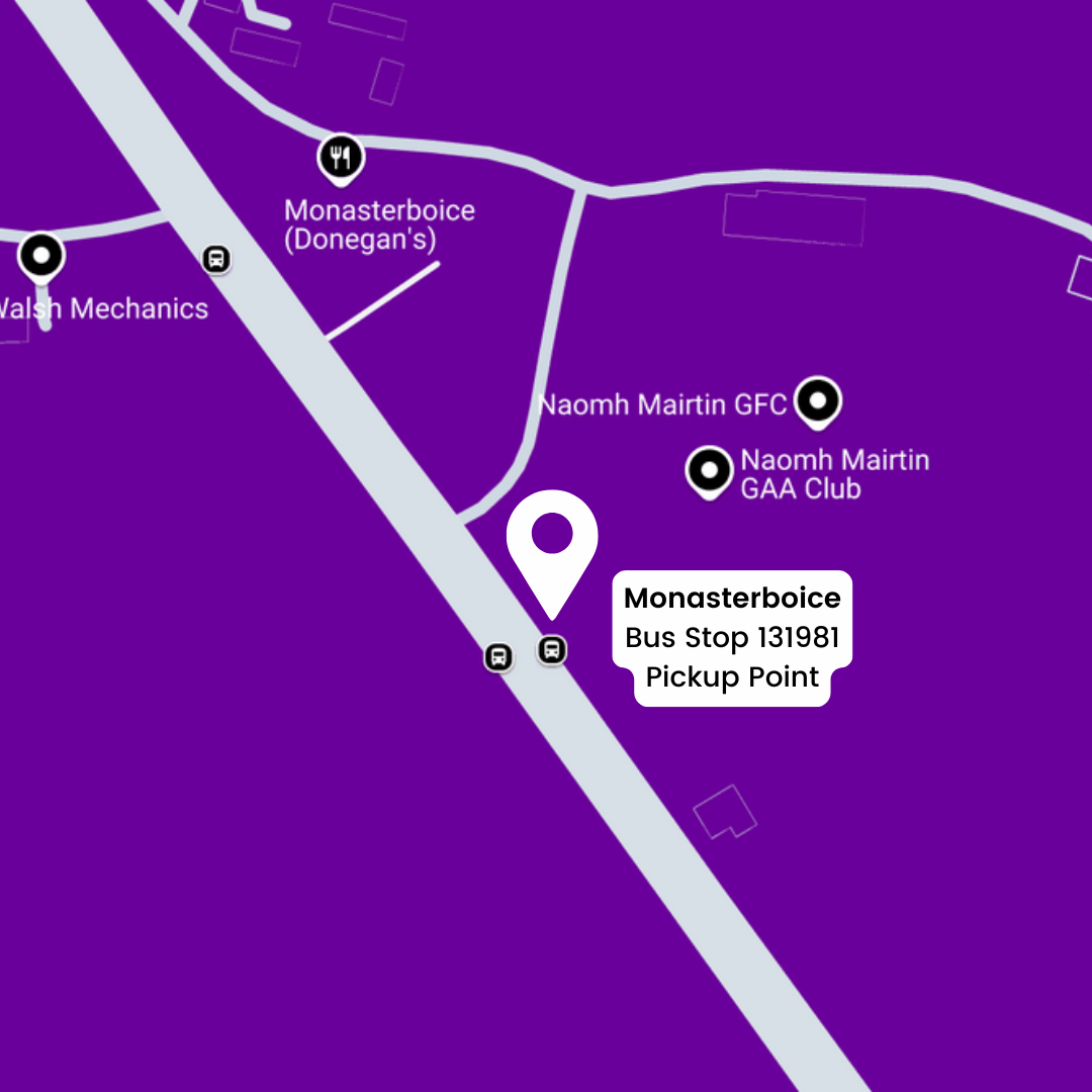Purple Route Map showing location of Monasterboice Bus Stop 131981 at Naomh Martin GAA Club.