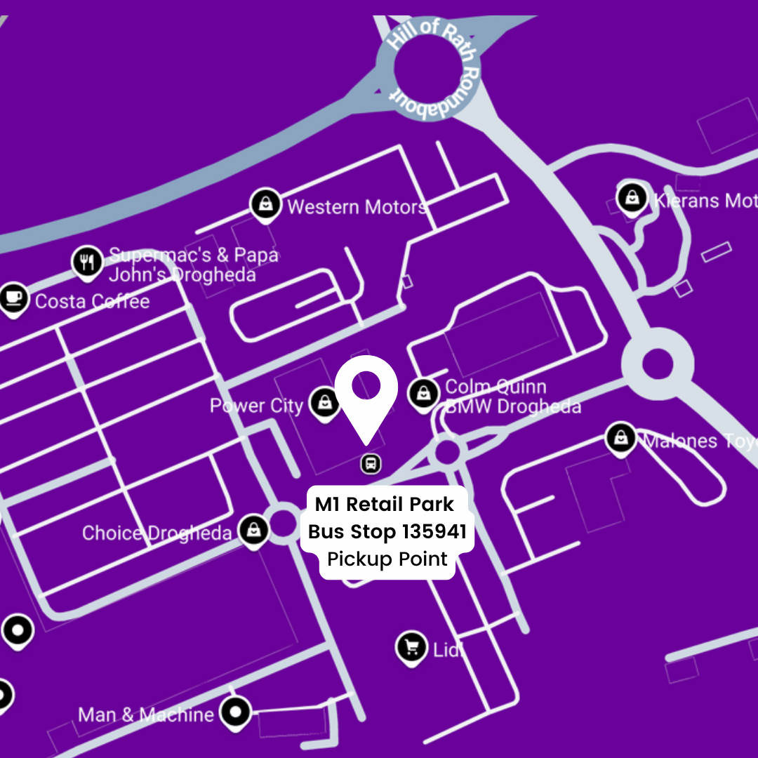 Purple Route Map showing location of bus stop 135941 in the M1 Retail Park