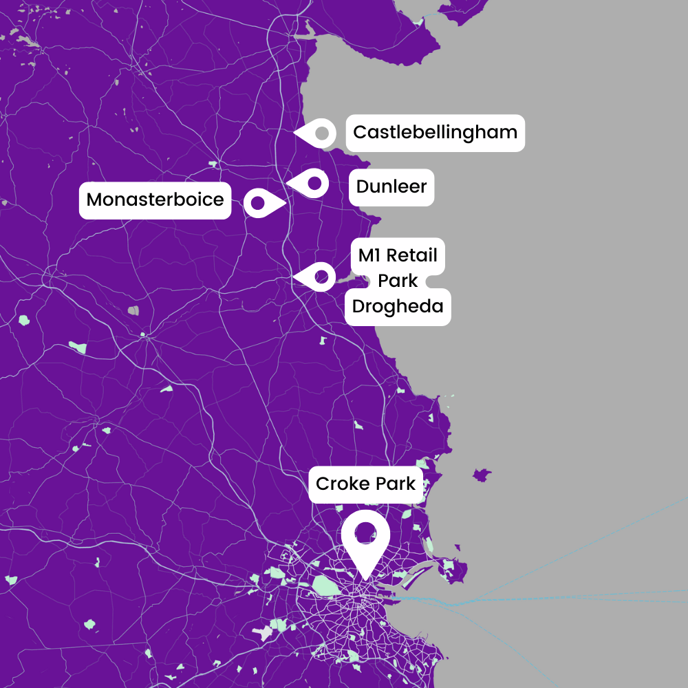 Purple Bus Route To Croke Park showing Castlebellinghan, Dunleer, Monasterboice, the M1 Retail Park Drogheda and Croke Park.