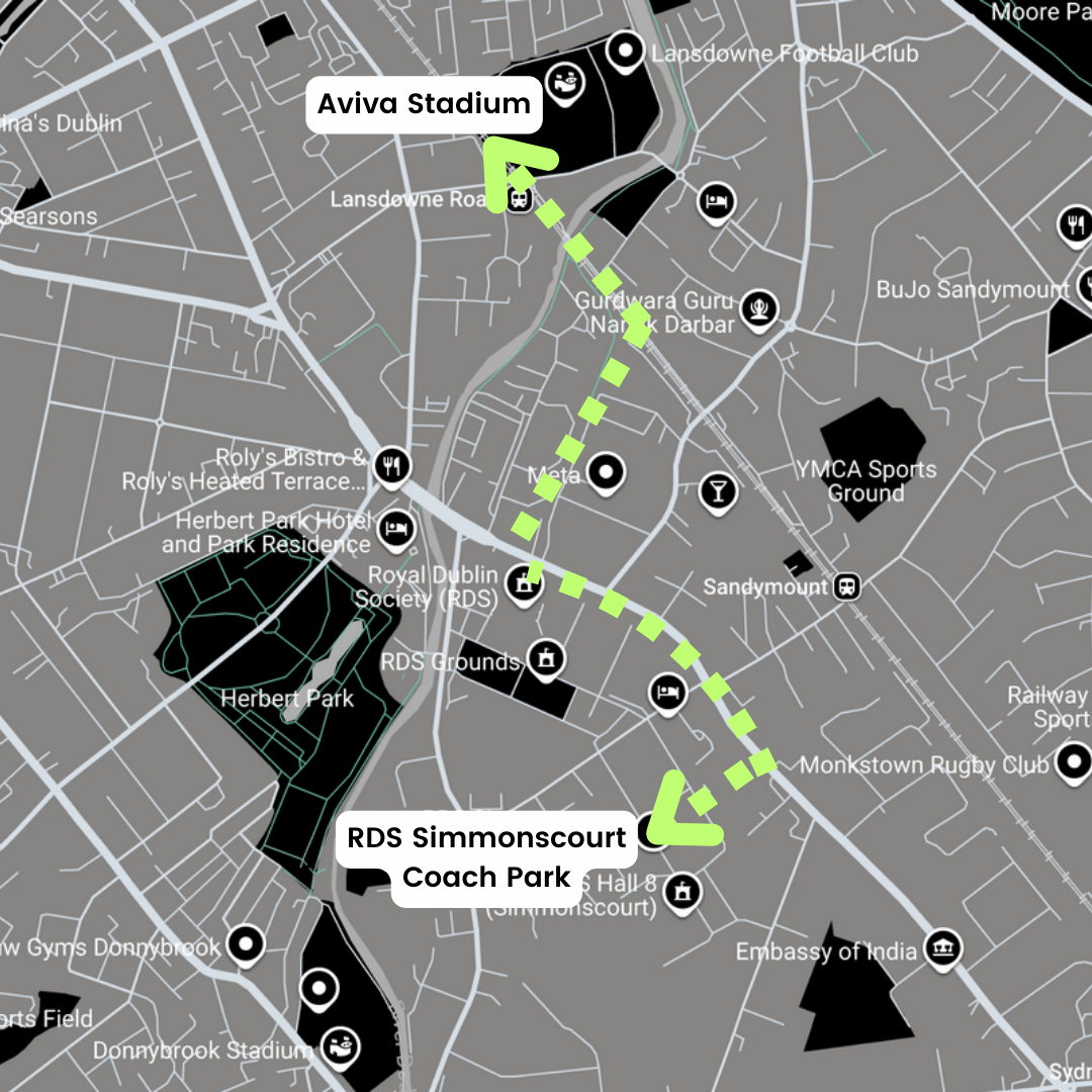 Route Map with locations marked for Aviva Stadium and the RDS Simmonscourt Coach Park