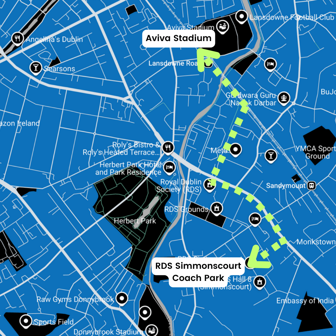 Blue Route Map with locations marked including Aviva Stadium and RDS Simmonscourt Coach Park.