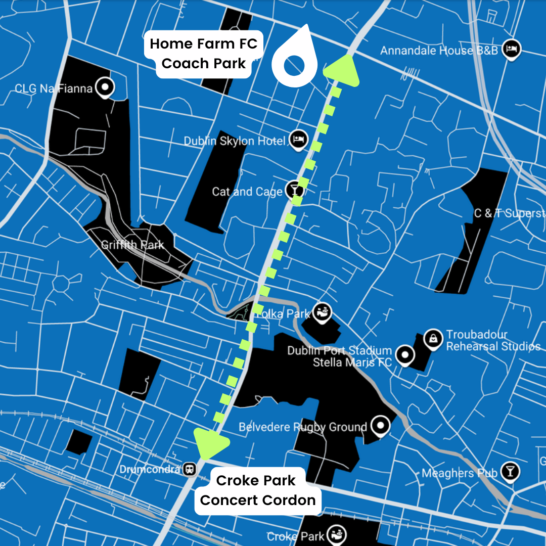 Map detailing the route from our Coach Park at Home Farm FC to the Croke Park Concert Cordon