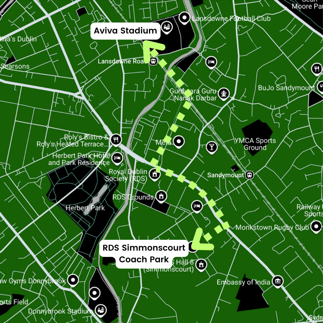 Green Map of locations including Aviva Stadium and RDS Simmonscourt Coach Park in Dublin.