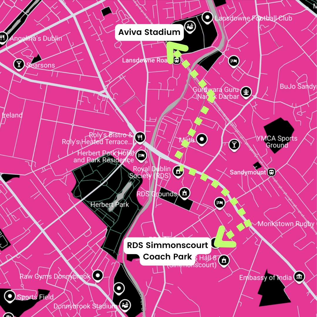 Pink Map highlighting route from RDS Simmonscourt Coach Park to the Aviva Stadium
