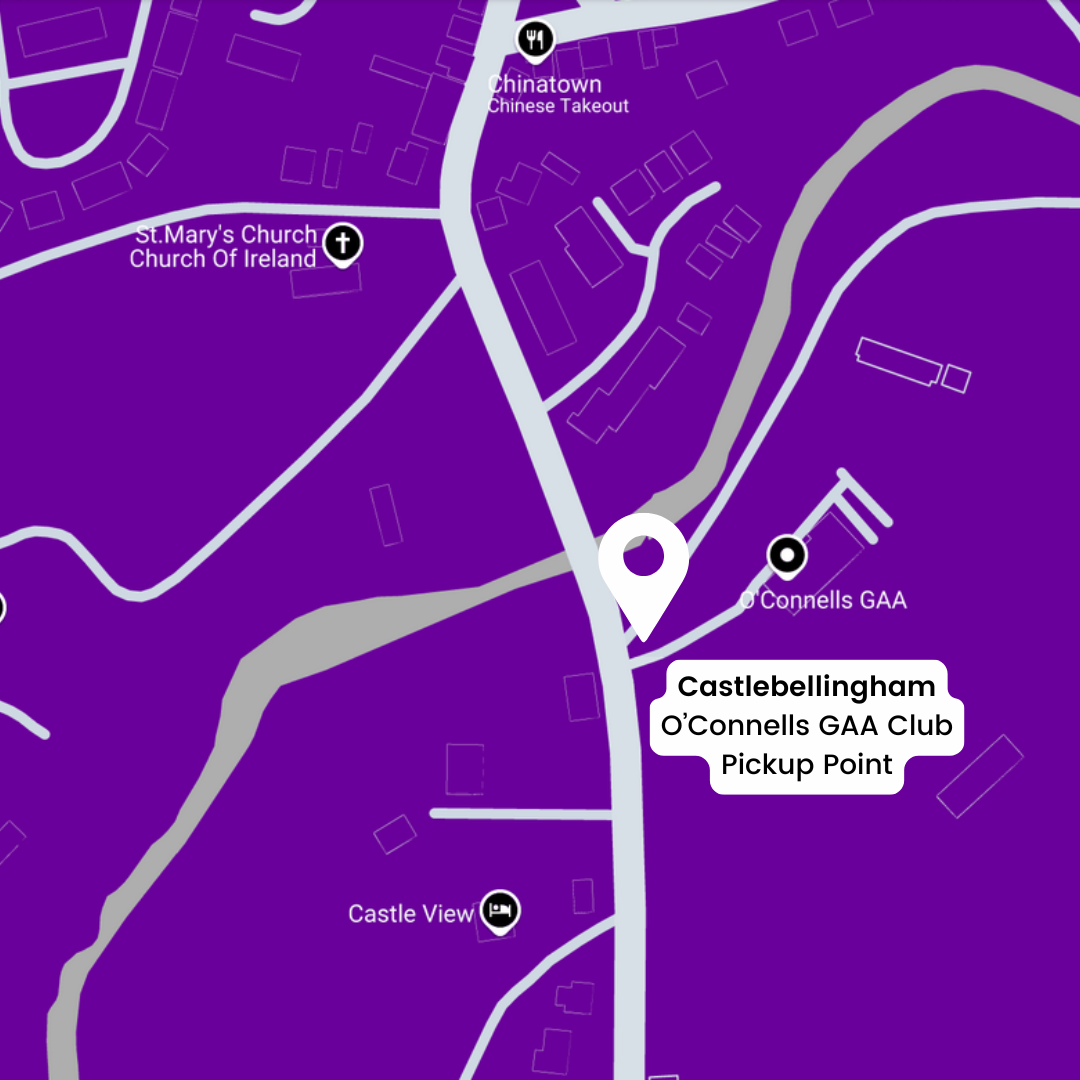 Purple Route Map showing location of Castlebellingham Pickup Point at O'Connells GAA Club.