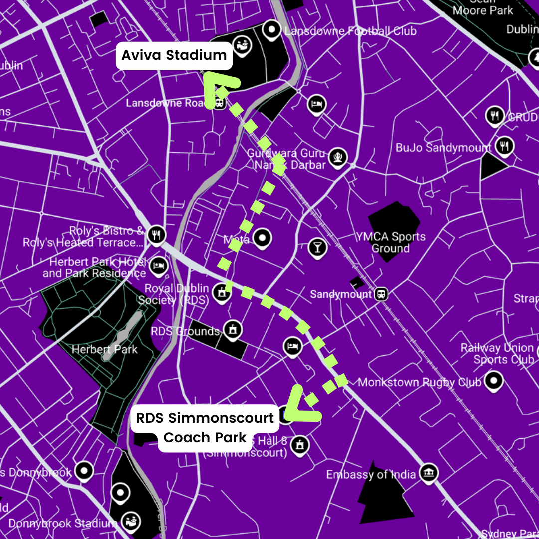 Purple Map highlighting route from RDS Simmonscourt Coach Park to the Aviva Stadium