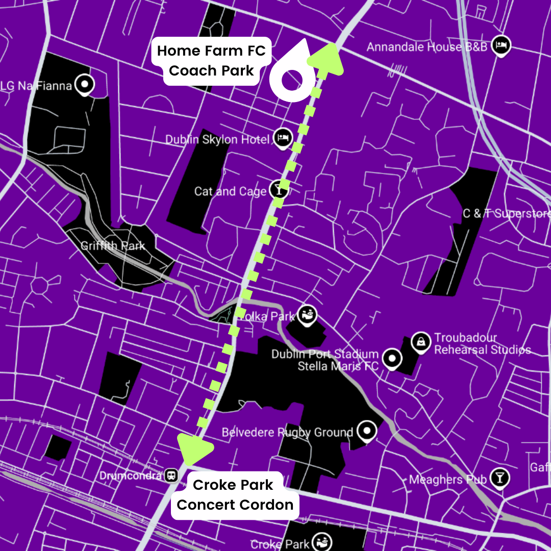 Map detailing the route from our Coach Park at Home Farm FC to the Croke Park Concert Cordon