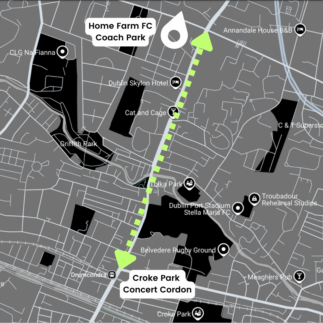 Map detailing the route from our Coach Park at Home Farm FC to the Croke Park Concert Cordon