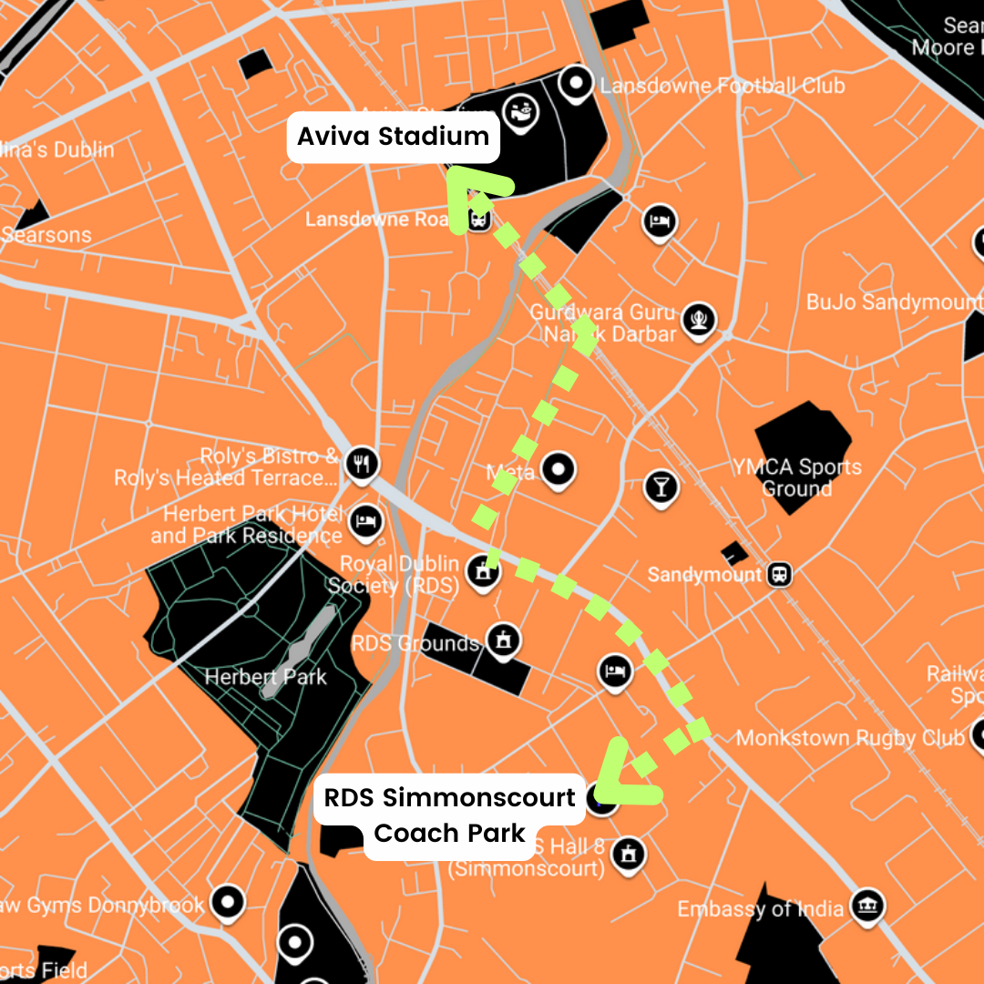Route from the Coach Park at Simmonscourt to the Aviva Stadium

